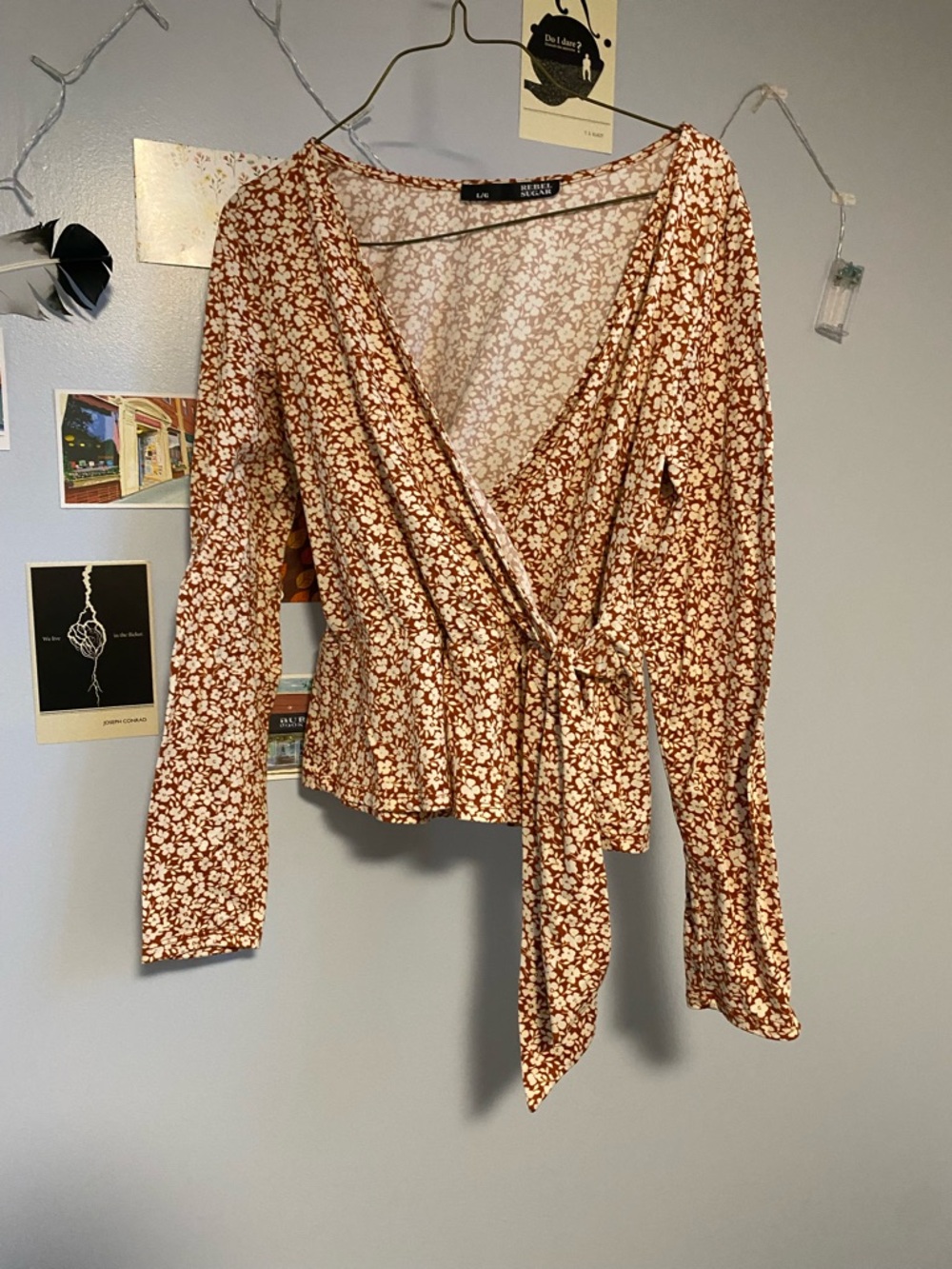 Rebel Sugar Rust Floral Wrap Blouse with White Print